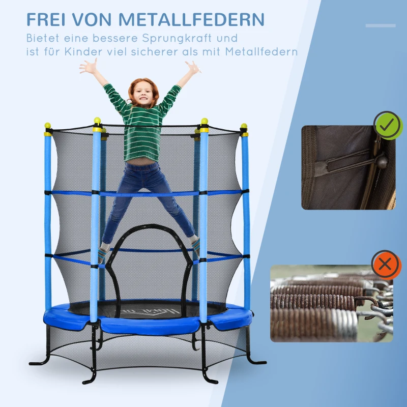 HOMCOM Kindertrampolin, mit Sicherheitsnetz, Randabdeckung, Stahlrahmen, bis 50 kg, 3-10 Jahre, blau, Ø160 x 163 cm