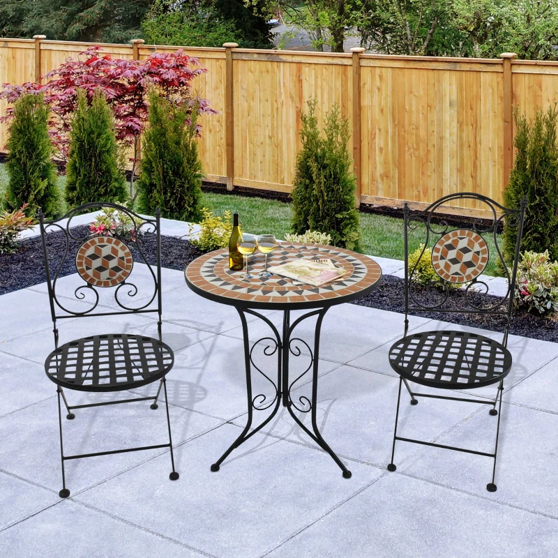 Outsunny 3 PCs Garden Mosaic Bistro Set Outdoor Patio 2 Folding Chairs & 1 Round Table  Outdoor Furniture Vintage