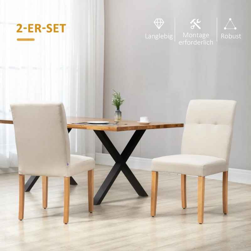 HOMCOM 2er-Set Esszimmerstühle Essstühle mit gepolstertem Sitz Stuhl Polsterstuhl Küchenstuhl Leinen-Polyester-Gewebe Schaumstoff Gummiholz Beige 50 x 62 x 96 cm