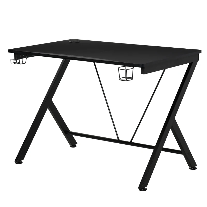 HOMCOM Gaming Desk 108 x 66 cm PC Computer Desk with Whole Board, A Shaped Gaming Table for Home Office with Cup Holder and Headphone Hook, Black