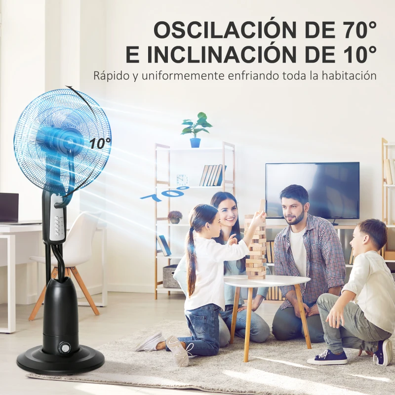 HOMCOM Ventilador Nebulizador 90W de Pie Oscilante y Silencioso con 3 Velocidad y 5 Aspas Ruedas Tanque de 2,8 L Ø44,5x120 cm Negro
