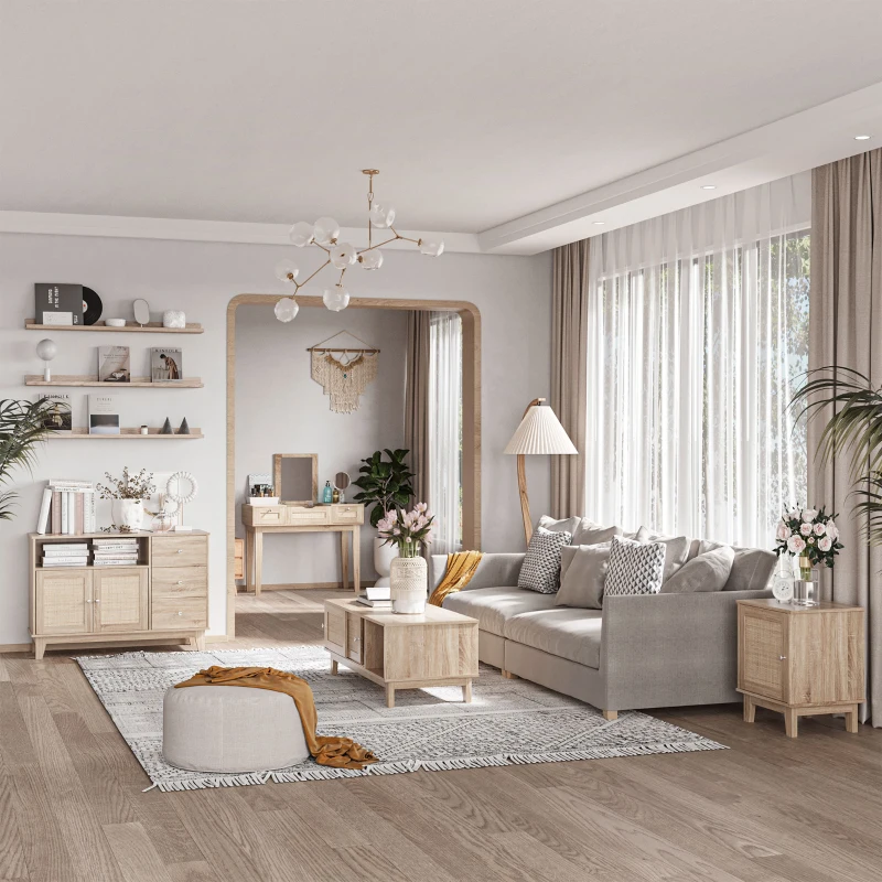 HOMCOM Mesita de Noche de Rejilla de Estilo Cannage Mesa Auxiliar con 1 Puerta y Estante Interior 48x40x58 cm Roble