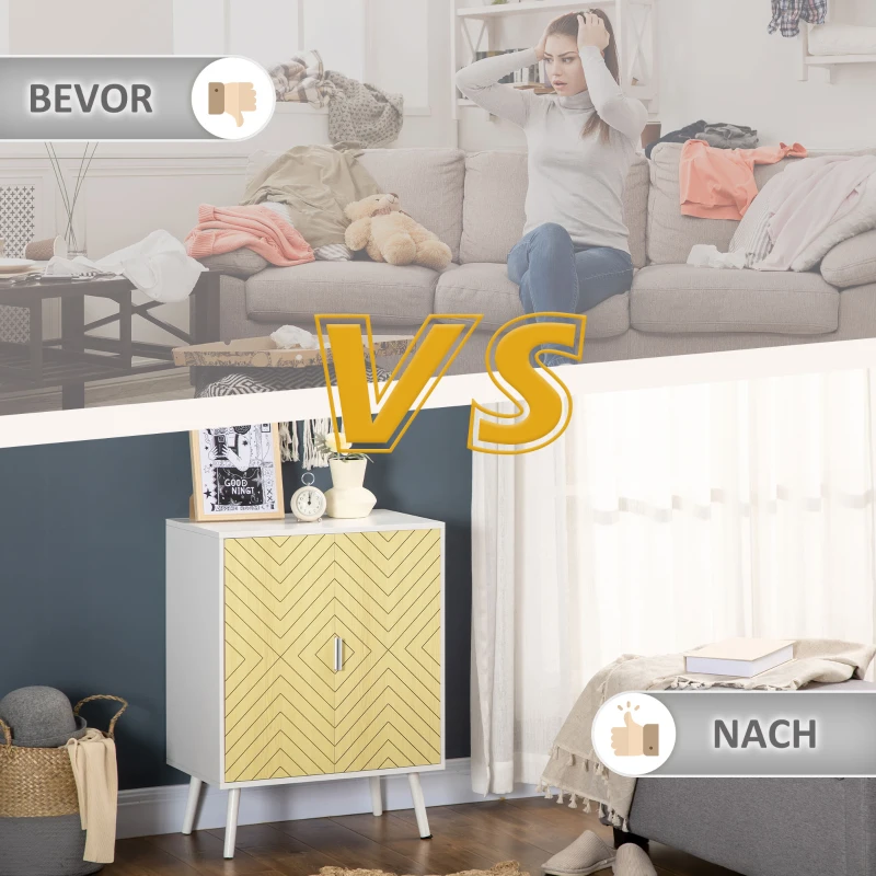 HOMCOM Sideboard Kommode Beistellschrank mit 2 Einlegeboden Lagerschrank Aufbewahrungsschrank Küchenschrank Nachtschrank verstellbar modern Weiß+Natur 60 x 40 x 80 cm