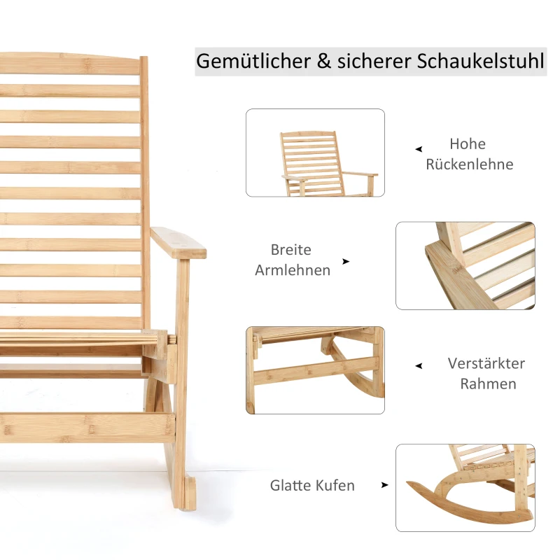 Outsunny Garten Schaukelstuhl Relaxsessel Gartenstuhl Schaukelsessel Bambus Sperrholz Natur 70 x 100 x 95,5 cm