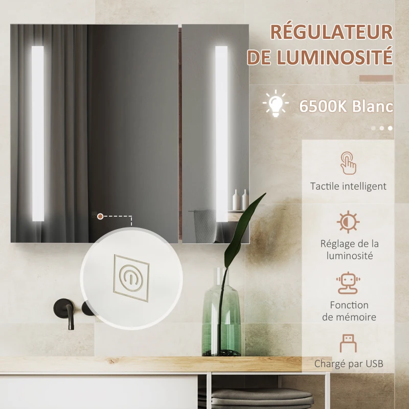 kleankin Armoire murale miroir lumineux LED salle de bain 2 portes avec 3 niveaux 70 x 15 x 65 cm aspect bois