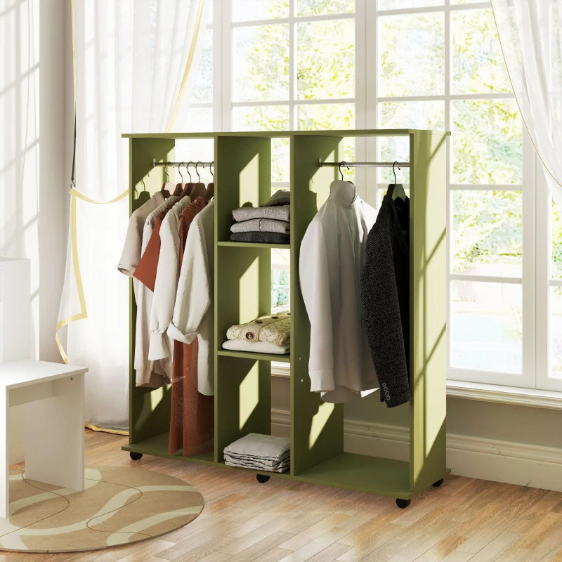 HOMCOM Open Wardrobe Double Mobile Storage Shelves Organizer W/6 Wheels-Green