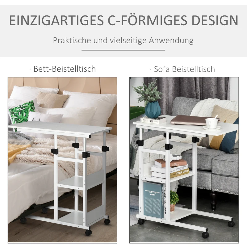 HOMCOM Beistelltisch mit Rollen, höhenverstellbar, kompakt, 2 Ablageböden, Metallrahmen, 80x40x72-82 cm, Weiß