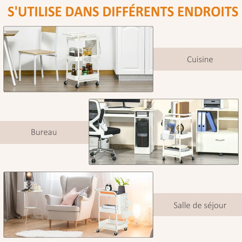 HOMCOM Desserte chariot de rangement en métal chariot de service à roulettes 3 niveaux avec 2 range-couverts 4 crochets