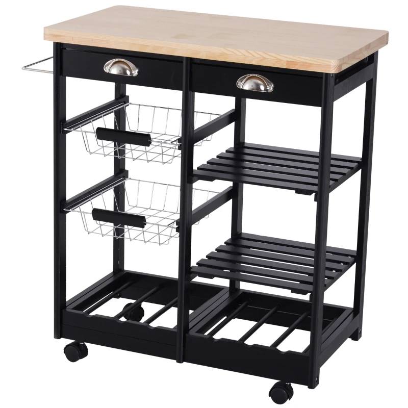 HOMCOM Carrello da Cucina Multiuso in Legno di Pino 74 x 37 x 75cm Nero