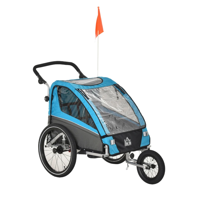 HOMCOM 3 in 1 Kinderanhänger Kinder Jogger Fahrradanhänger mit 360 Grad schwenkbarem Vorderrad Radanhänger für 2 Kinder mit Schwingungsdämpfungssystem Aufbewahrungstasche Wetterschutz Aluminium Blau