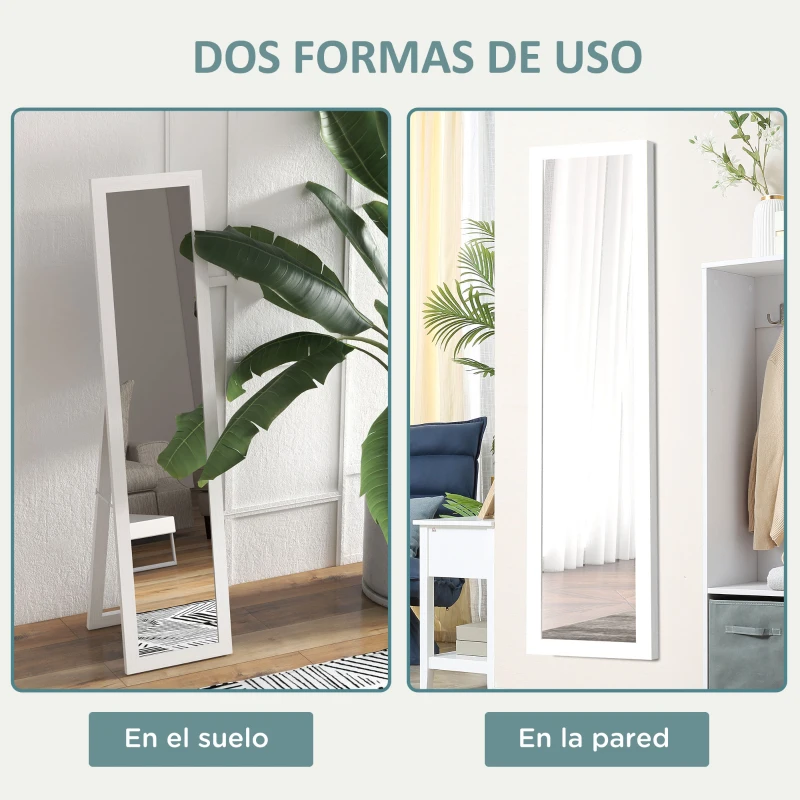 HOMCOM Espejo de Cuerpo Entero 37x157 cm Espejo de Pie Espejo de Pared Forma Rectangular con Marco de Madera Blanco