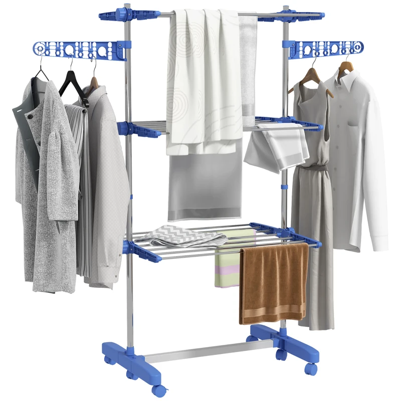 HOMCOM Séchoir à linge étendoir pliable ailes latérales utilisation intérieure et extérieure 3 niveaux 142 x 55 x 152 cm bleu