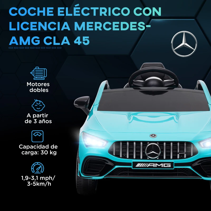 AIYAPLAY Coche Eléctrico para Niños de +3 Años Mercedes-benz AMG CLA 45 con Batería 12V Mando a Distancia Faros Música Azul