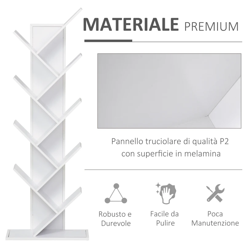 HOMCOM Libreria ad Albero in Legno Bianco, Scaffale Salvaspazio a Colonna con 10 Ripiani, 50x28x142cm