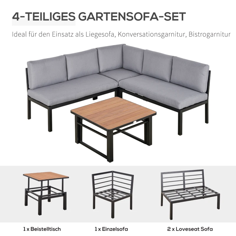 Outsunny Gartengarnitur für 4 Personen Gartenmöbel-Set mit hebbarem Couchtisch Sofa mit Kissen Outdoor Aluminium Grau