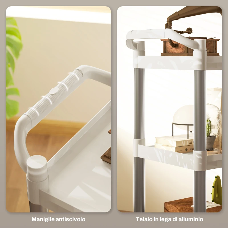 HOMCOM Carrello Portavivande a 3 Livelli in PP e Lega di Alluminio, 88x44x93 cm, Bianco e Argento