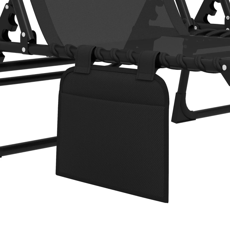 Outsunny Portable Sun Lounger Set of 2, Folding Camping Bed Cot, Reclining Lounge Chair 5-position Adjustable Backrest with Side Pocket, Pillow for Patio Garden Beach Pool, Black