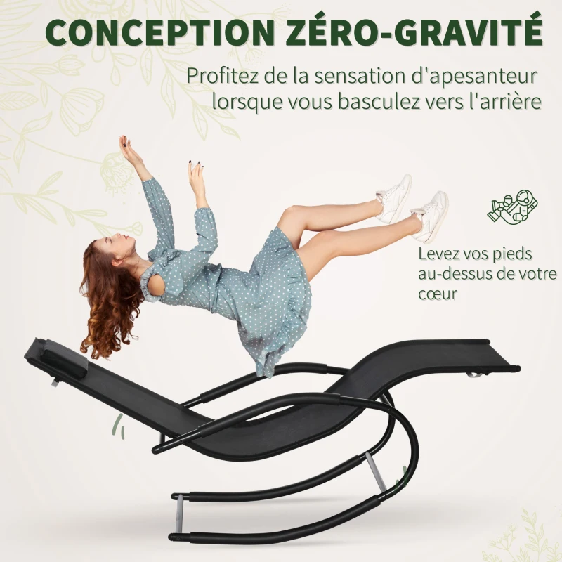 Outsunny Chaise longue à bascule rocking chair ergonomique avec tétière accoudoirs métal galvanisé textilène dim. 63l x 160P x 88H cm noir