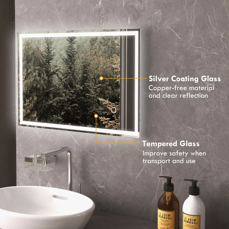 kleankin Bathroom Mirror with LED Lights, Illuminated Makeup Mirror with 3 Colours, Defogging Film and Memory Function, Hardwired, Horizontal or Vertical, 70 x 50 cm