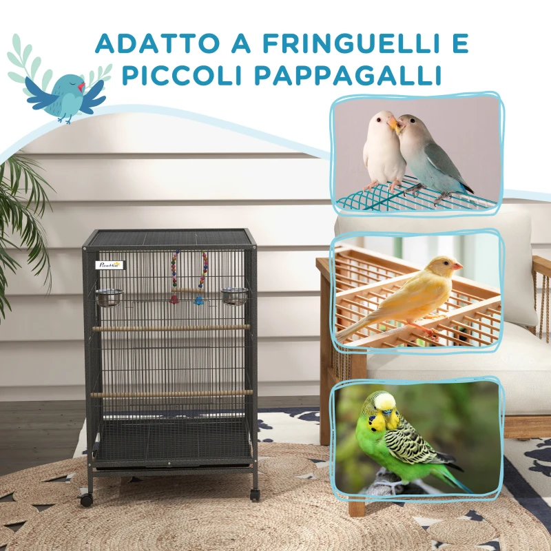 PawHut Gabbia per Uccelli in Acciaio e PP con 5 Porte, 2 Posatoi e Vassoio Estraibile, 48x46x74 cm, Grigio