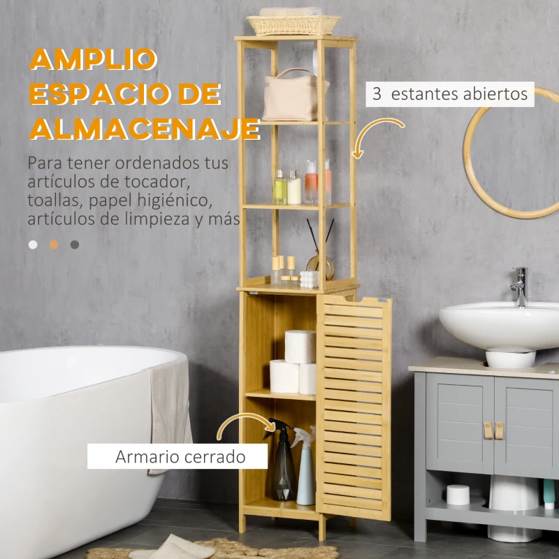 kleankin Estantería de Baño de Bambú Armario Alto para Baño con 3 Estantes y 1 Puerta Mueble Columna de Almacenaje 34x30x173 cm Natural