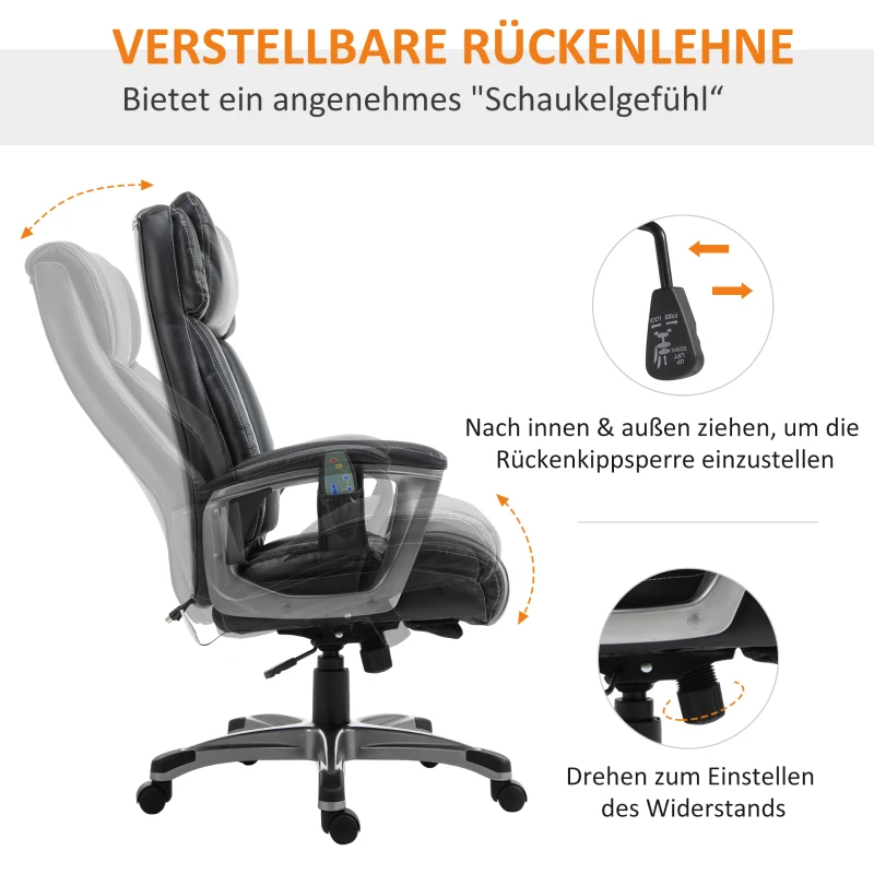 Vinsetto Massage-Bürostuhl 6-Punkt-Massage-Drehstuhl ergonomischer Stuhl Einstellbare aus Kunstleder mit gewölbter Kopfstütze und Armlehne Schwarz 70 x 76,5 x 114-124 cm