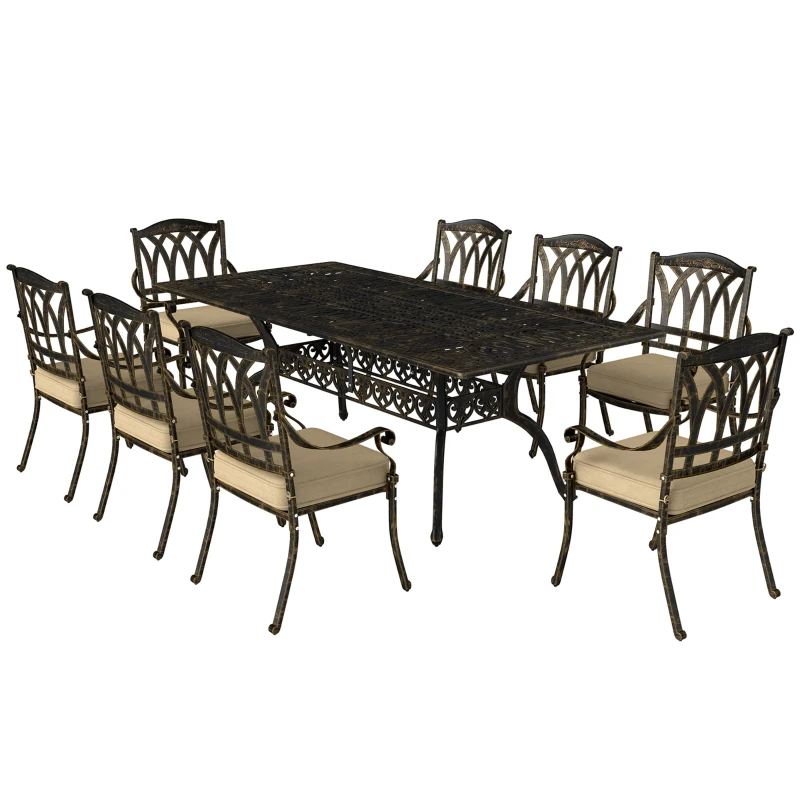 Outsunny Nine-Piece Cast Aluminium Garden Dining Set - Bronze Tone