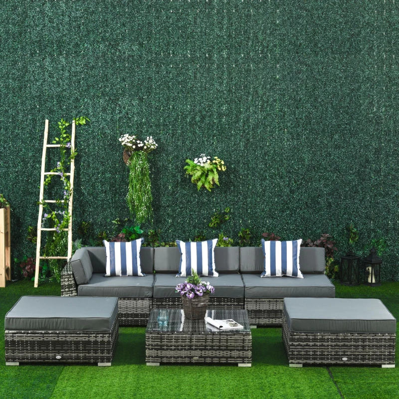 Outsunny 6 PC Rattan Sofa Coffee Table Set Sectional Wicker Weave Furniture for Garden Outdoor Conservatory w/ Pillow Cushion Grey