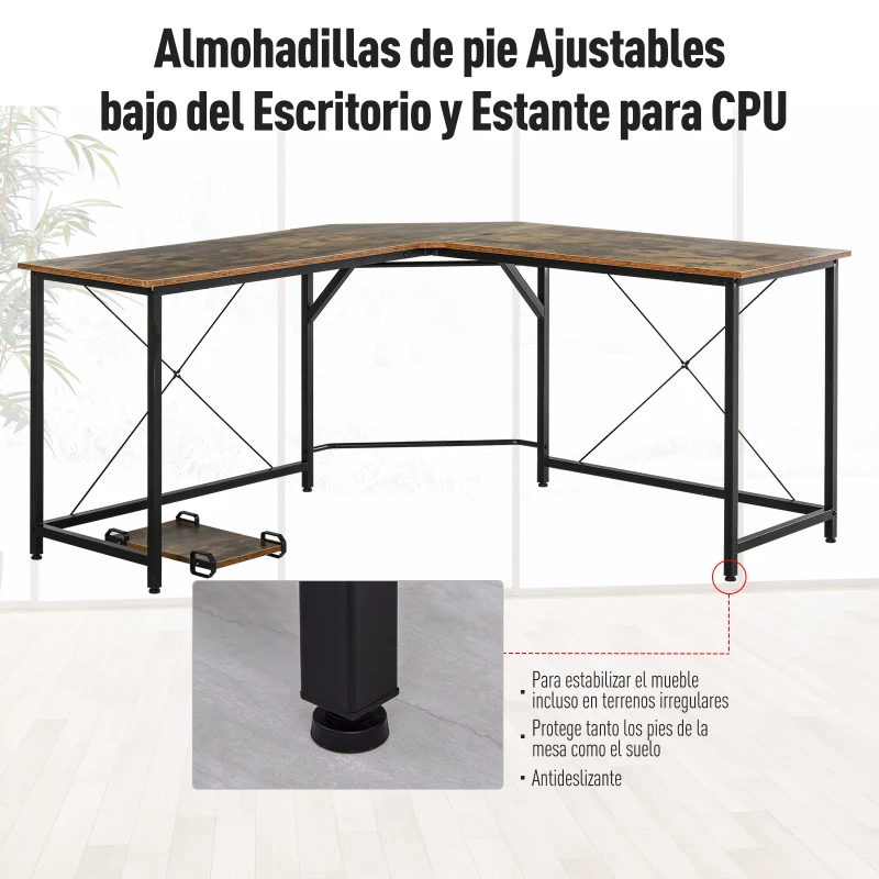 HOMCOM Escritorio de Esquina Mesa de Ordenador PC en Forma de L con Soporte para CPU Estilo Industrial Retro para Oficina Estudio 150x150x75 cm Marrón Rústico