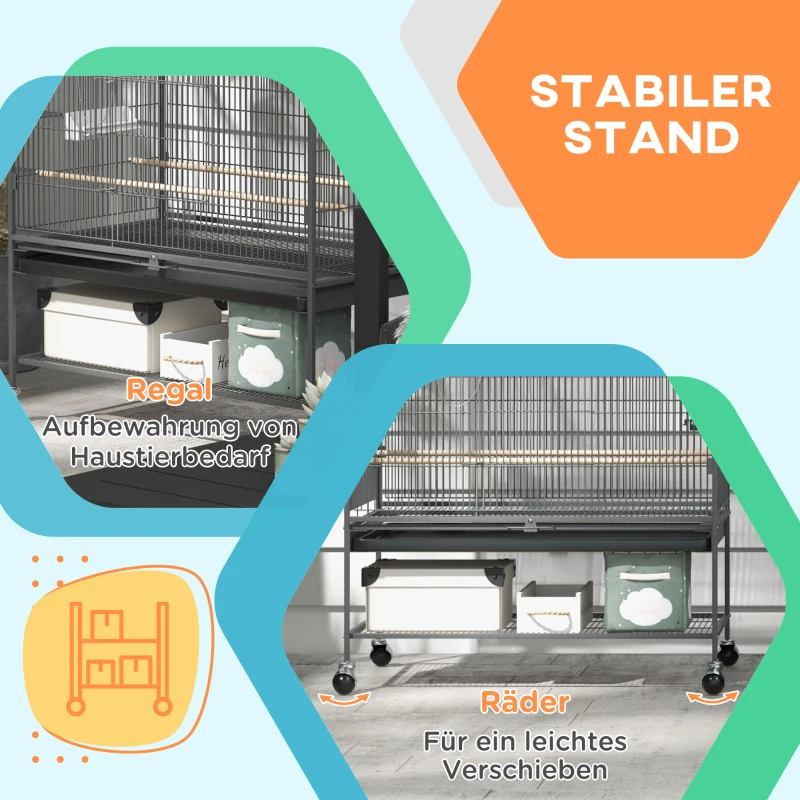 PawHut Vogelkäfig inklusive Sitzstangen, Vogelspielzeug, herausnehmbare Bodenwanne, 1 Ablage, Grau