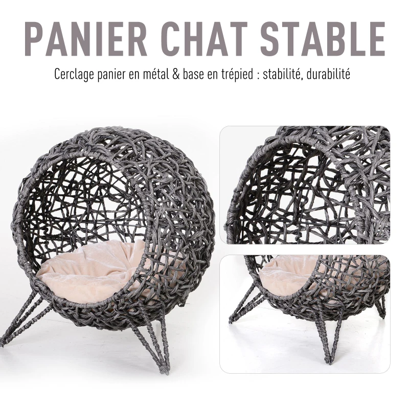 PawHut Panier chat lit surélevé chat cosy niche grotte grand confort dim. Ø 52 x 58H cm coussin moelleux inclus résine tressée imitation rotin gris