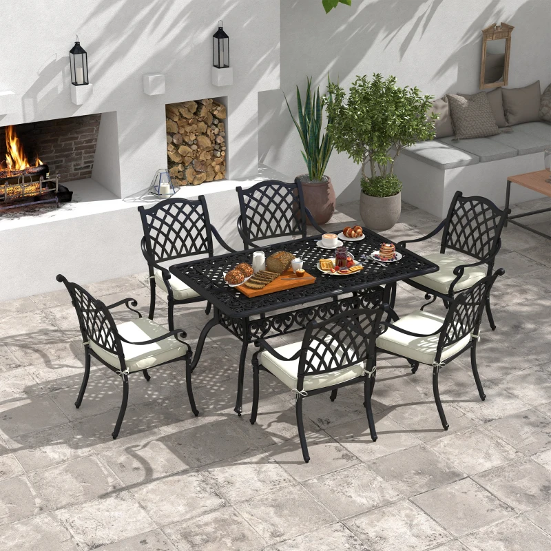 Outsunny 7 Pieces Aluminium Patio Dining Set with Umbrella Hole Black