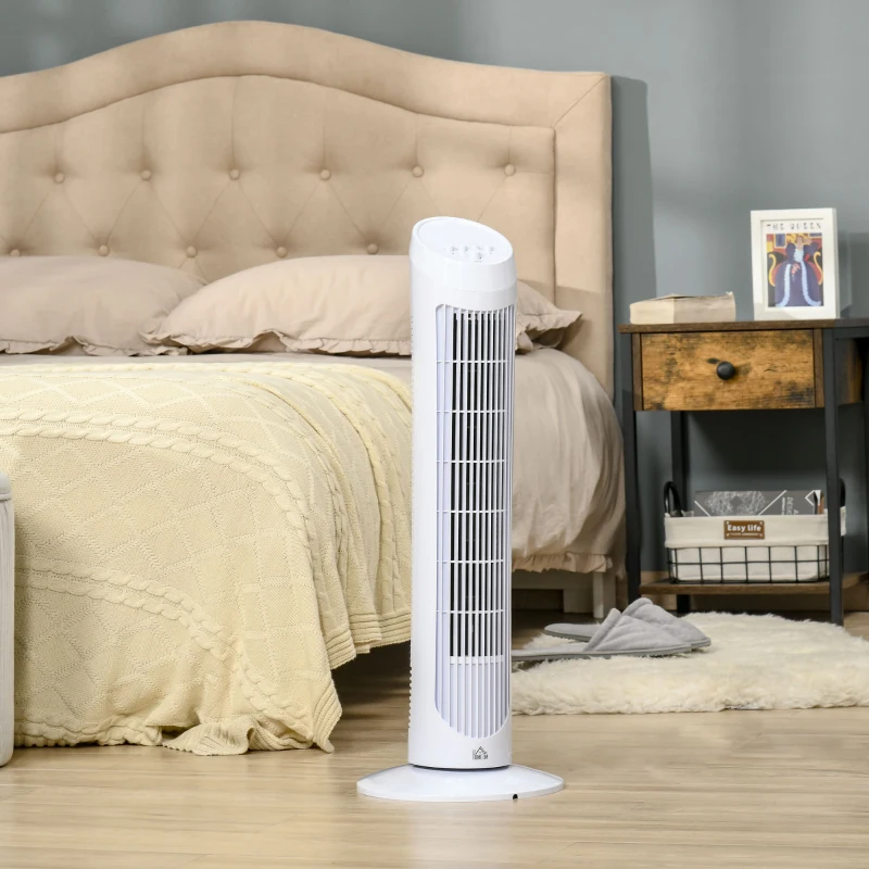 HOMCOM Tower Fan for Bedroom Cooling, 30 Inch Electric 70° Oscillating Fan with 3 Speed Settings, Standing Floor Fan for Home Office Indoor, White