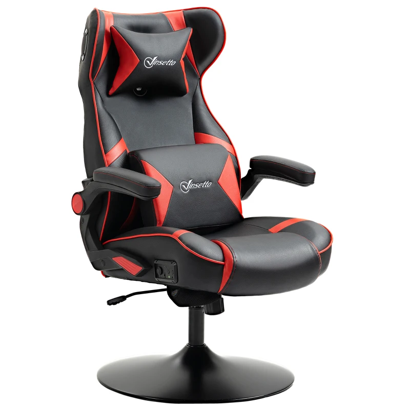 Vinsetto Chaise de gaming ergonomique avec 2 haut-parleurs intégrés base ronde hauteur réglable accoudoir relevable coussins têtière et lombaires PU noir et rouge