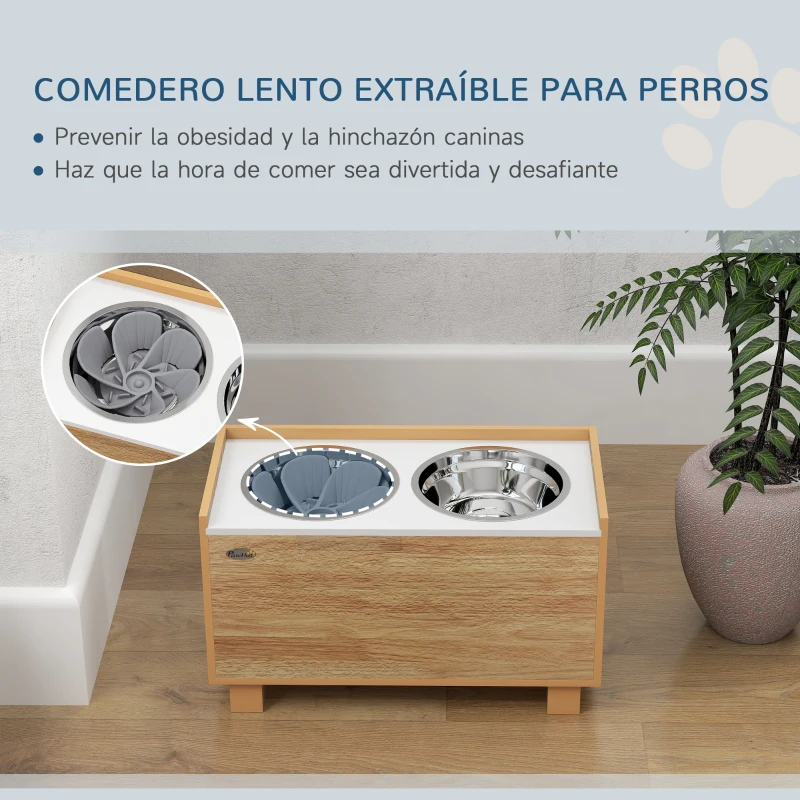PawHut Comedero Perro Elevado con Alimentador Lento Extraíble Comedero y Bebedero de Acero Inoxidable Roble