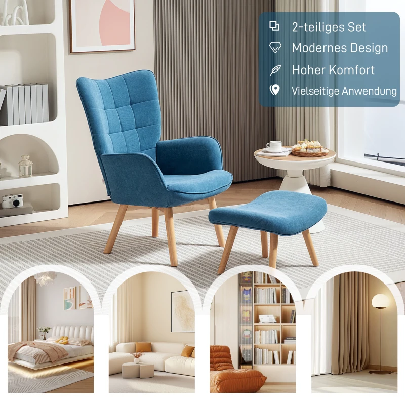 HOMCOM Akzentsessel mit Hocker, Relaxsessel in Cord-Optik, Armlehnstuhl mit Holzbeinen, für Wohnzimmer, Blau(m-6)
