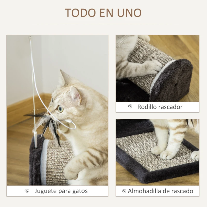 PawHut Rascador para Gatos con Rodillo Tablero para Rascar Cubiertos de Sisal Natural y Juguete Colgante Centro de Actividades para Mascotas 44x24x16 cm Gris