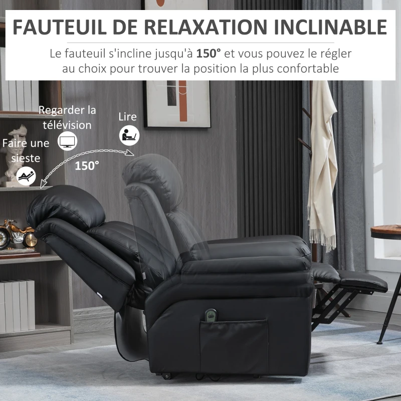 HOMCOM Fauteuil de Relaxation électrique Fauteuil releveur inclinable avec Repose-Pied Ajustable revêtement synthétique Noir