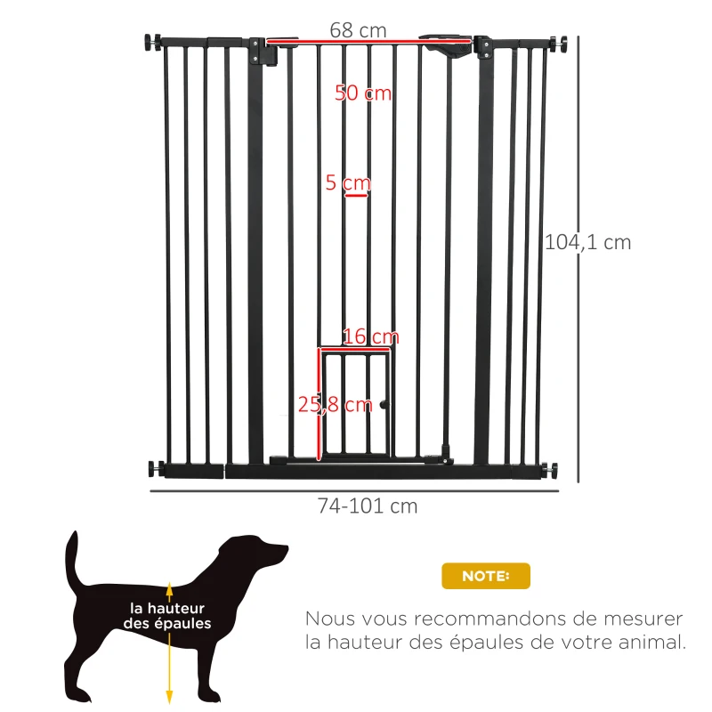 PawHut Barrière de sécurité animaux de 104,1H cm avec porte fermeture automatique système de double verrouillage noir