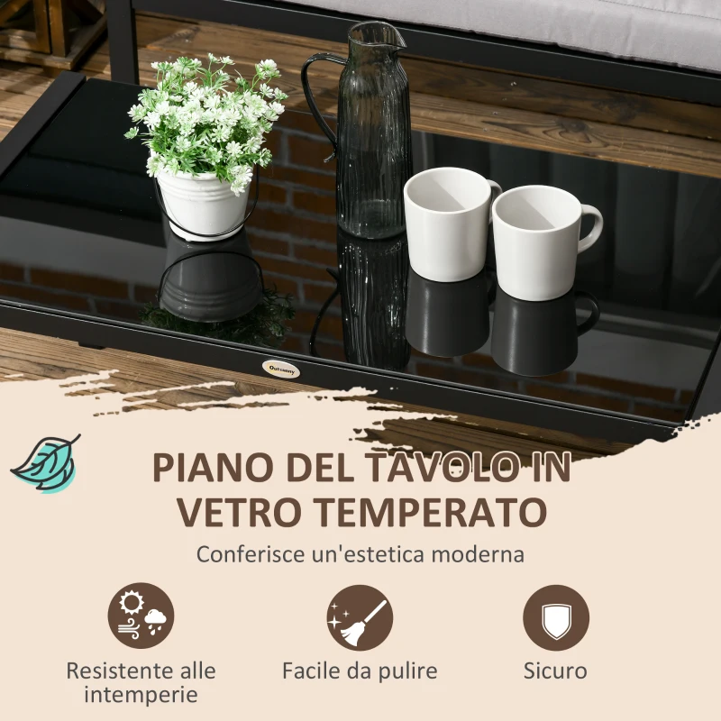 Outsunny Set da Giardino 4 Pezzi con 2 Divanetti, Poltrona Angolare e Tavolino da Caffè in Vetro Temperato
