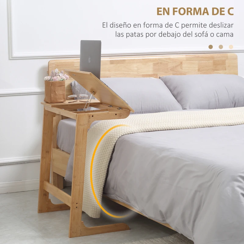 HOMCOM Mesa Auxiliar de Bambú en Forma de C con Encimera Abatible y Ángulo Ajustable 140-180° 60x33x67 cm Natural