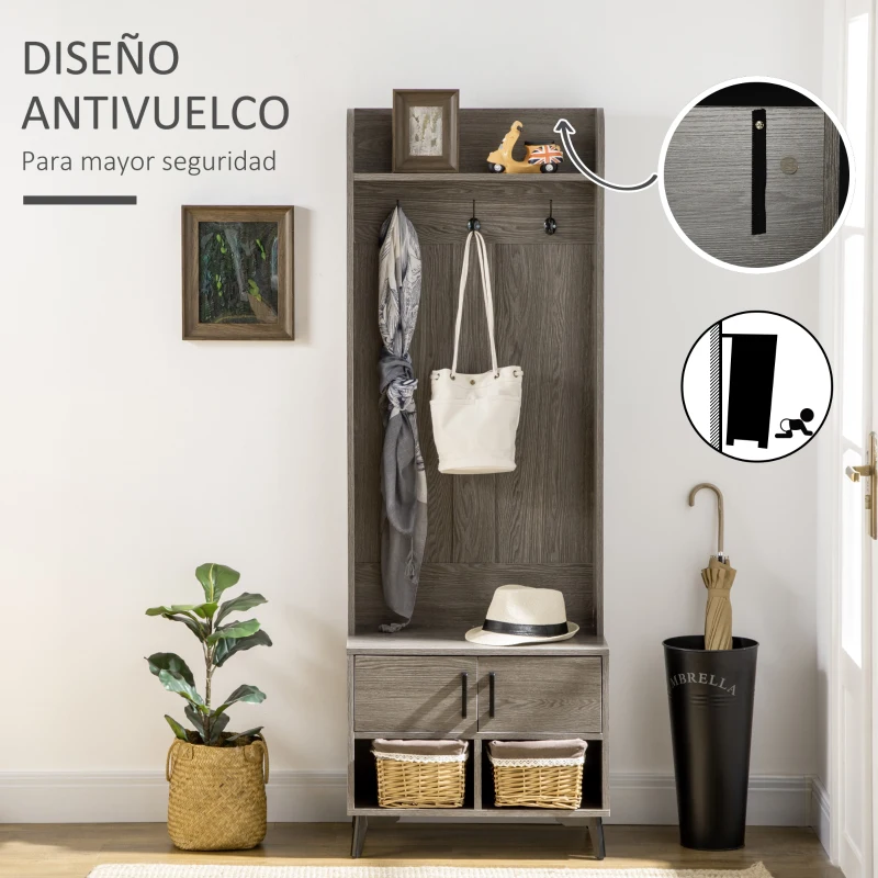 HOMCOM Perchero con Zapatero Perchero Entrada Recibidor con 3 Ganchos 2 Puertas 2 Compartimientos y Estante 60x34x170 cm Gris