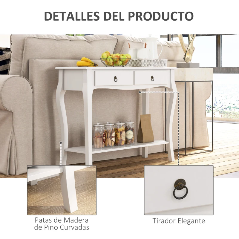 HOMCOM Mesa Consola Aparador Salón Comedor Mueble Recibidor Mesa Auxiliar con Cajones y Estante Diseño Elegante 100x33x75cm Madera Color Blanco Brillo(m-6)