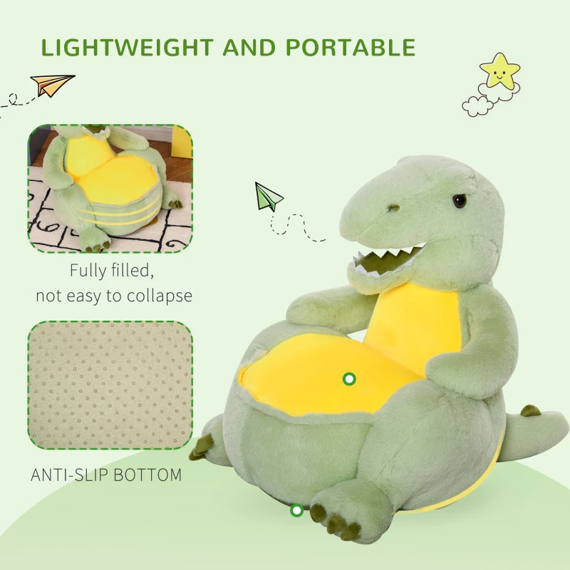 HOMCOM Animal Kids Sofa Chair Cartoon Cute Dinosaur Multi-functional Stuffed with Armrest Flannel PP Cotton 60 x 55 x 59cm Green