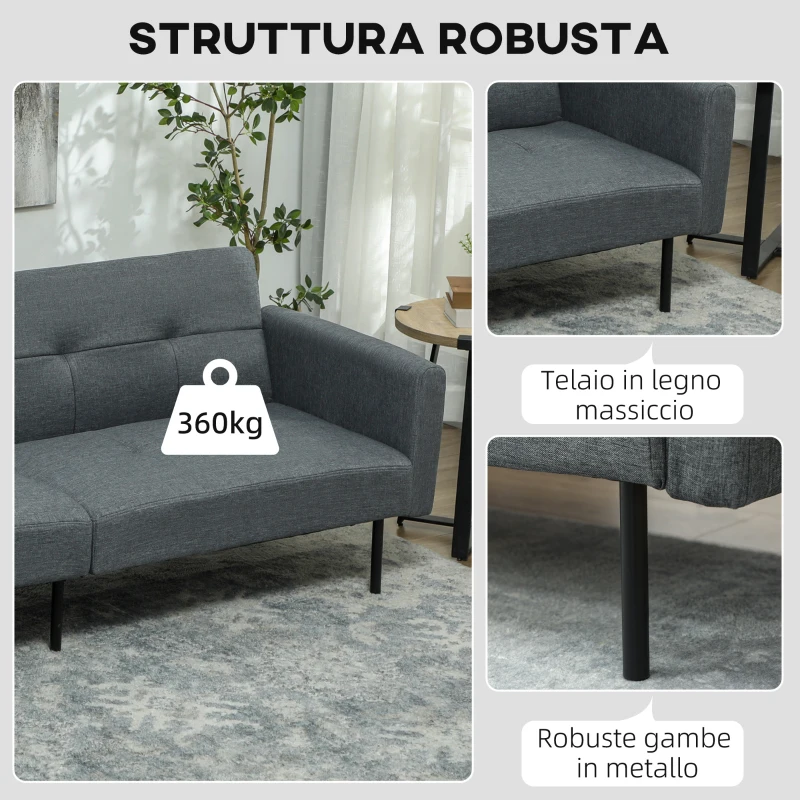 HOMCOM Divano Letto Clic Clac con Schienale Regolabile in Tessuto Effetto Lino, Legno e Acciaio, 200x77x72 cm, Grigio