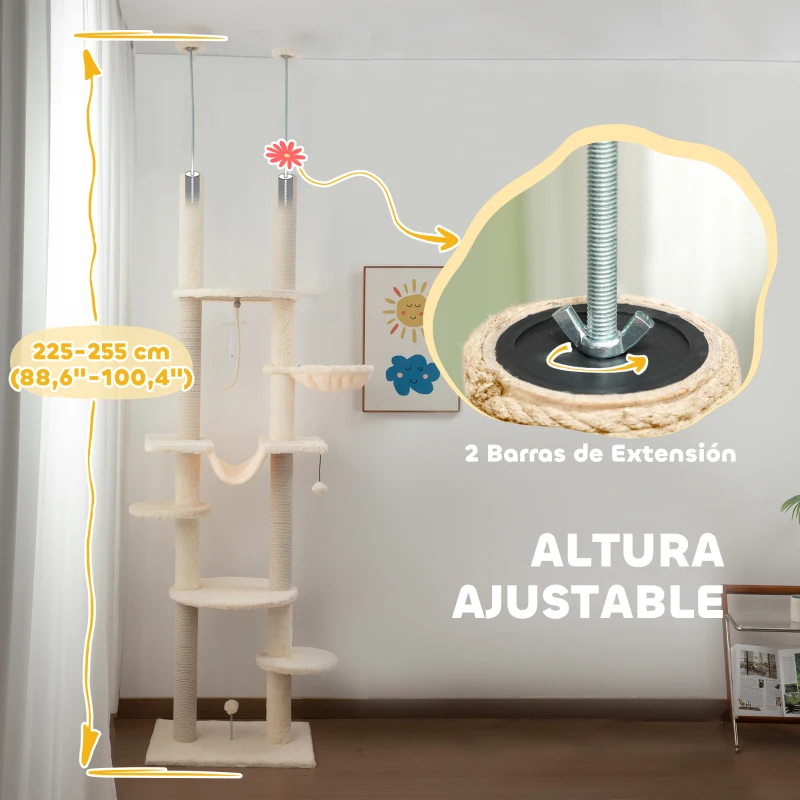 PawHut Árbol para Gatos de Suelo a Techo 225-255 cm con Hamacas Plataformas Juguete de Cuerda Bola de Juguete Beige y Gris