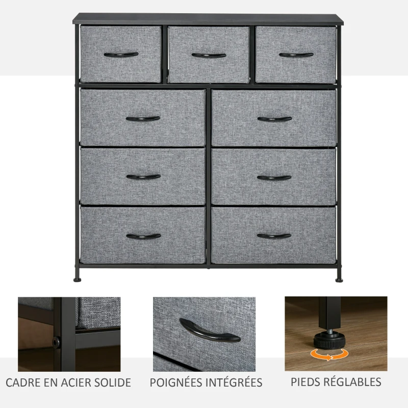 HOMCOM Commode 9 tiroirs meuble de rangement tiroir en tissu pliant - structure acier noir - 100 x 30 x 100 cm, noir et gris