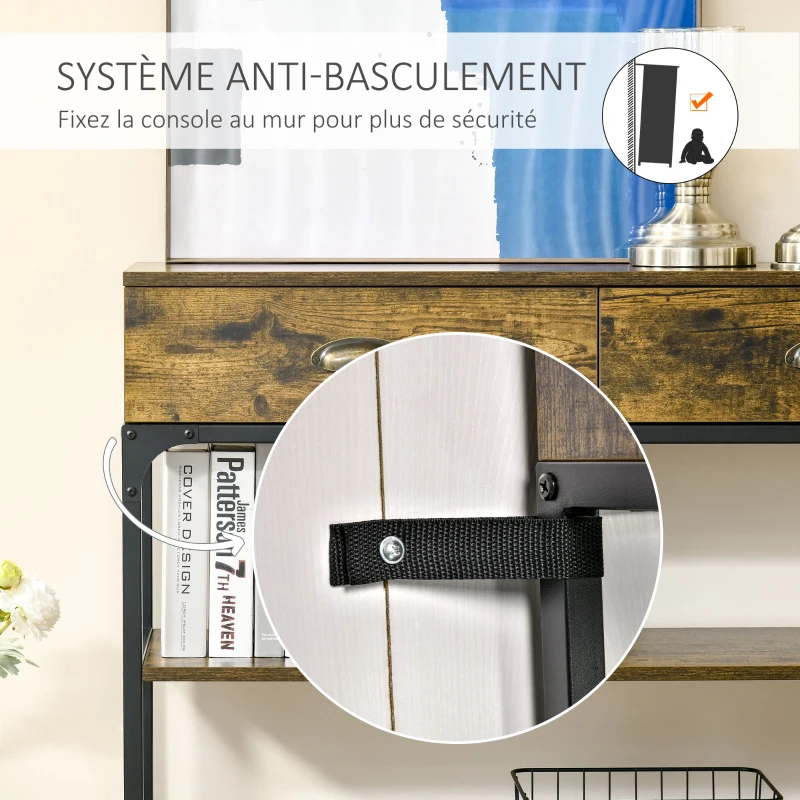 HOMCOM Table Console - Table d'entrée - Table d'appoint  Industriel 2 tiroirs 2 étagères métal Noir en Bois rustique