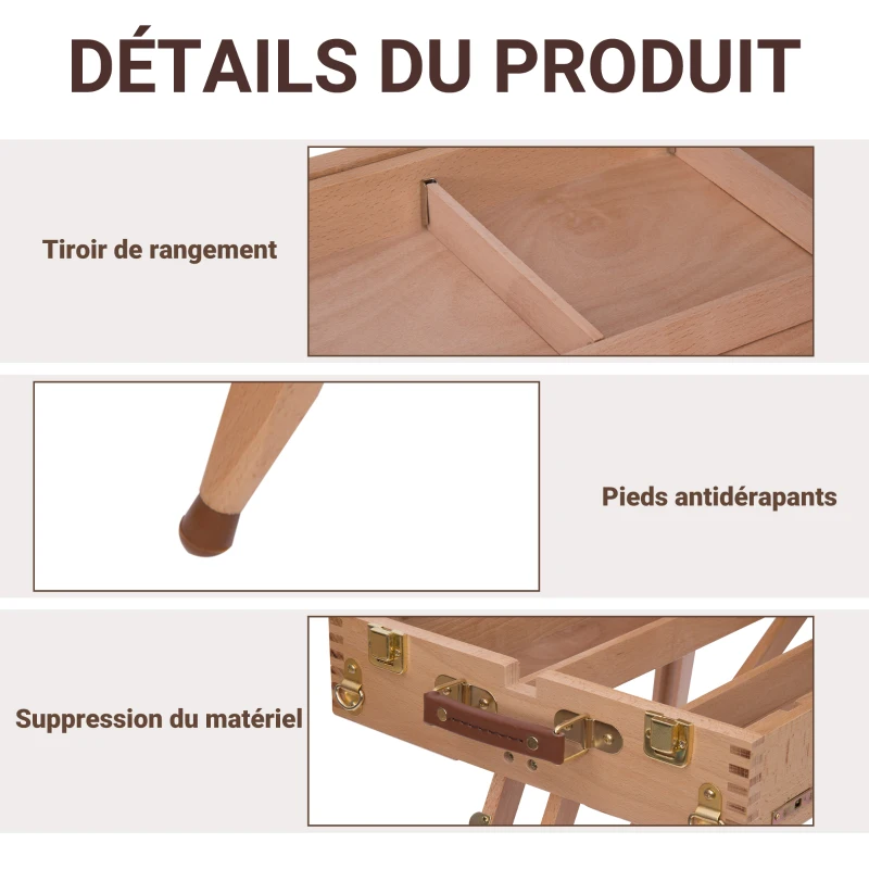 HOMCOM Chevalet d'artiste sur pieds pliable mallette de peinture chevalet avec rangement hauteur réglable  bois de hêtre clair