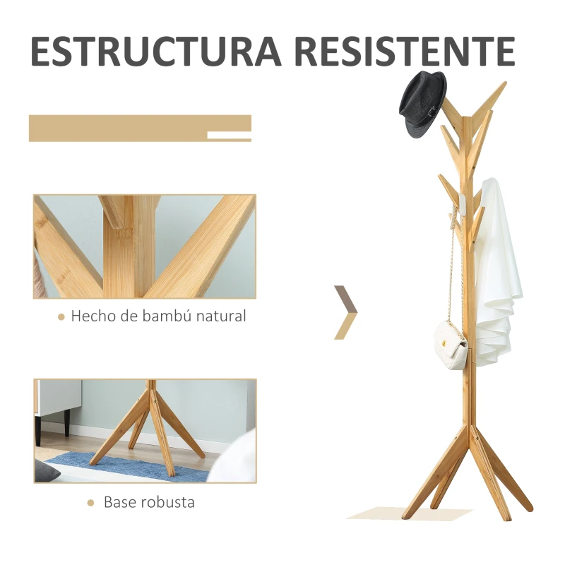 HOMCOM Perchero de Pie de Bambú Tipo Árbol con 8 Ganchos para Colgar Ropa Bolsas Sombreros para Entrada Recibidor Pasillo Salón 60x60x178 cm Natural